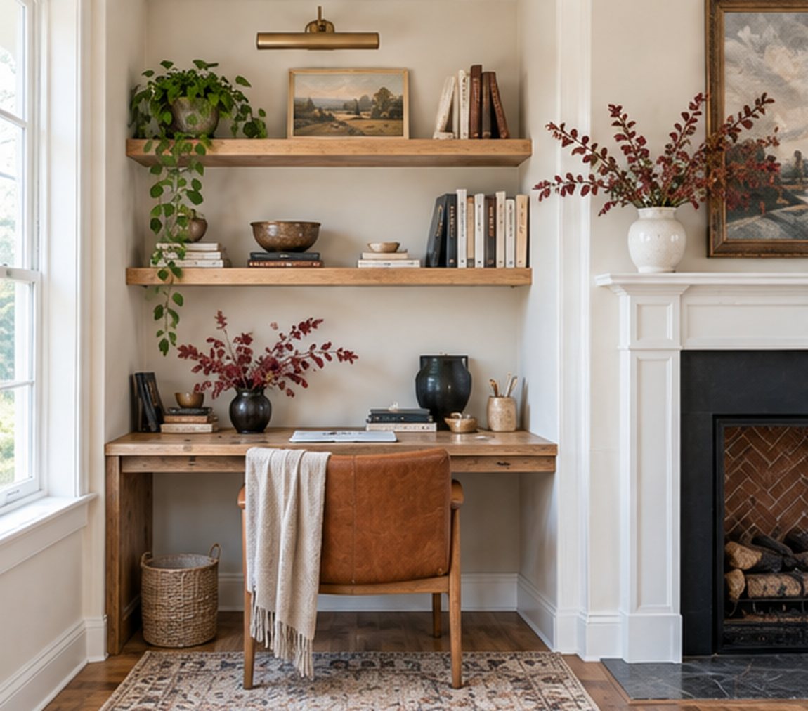 Oak desk built into an alcove beside a white fireplace, with two floating oak shelves above holding books, bowls and a trailing plant, a brass picture light, a leather chair and a vase of burgundy branches