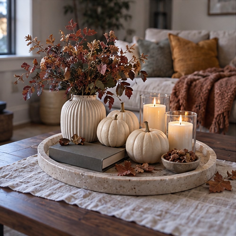 Autumn coffee table tray with a ribbed vase of rust and burgundy leaves, white pumpkins, candles in glass hurricanes and a small bowl of dried seed pods