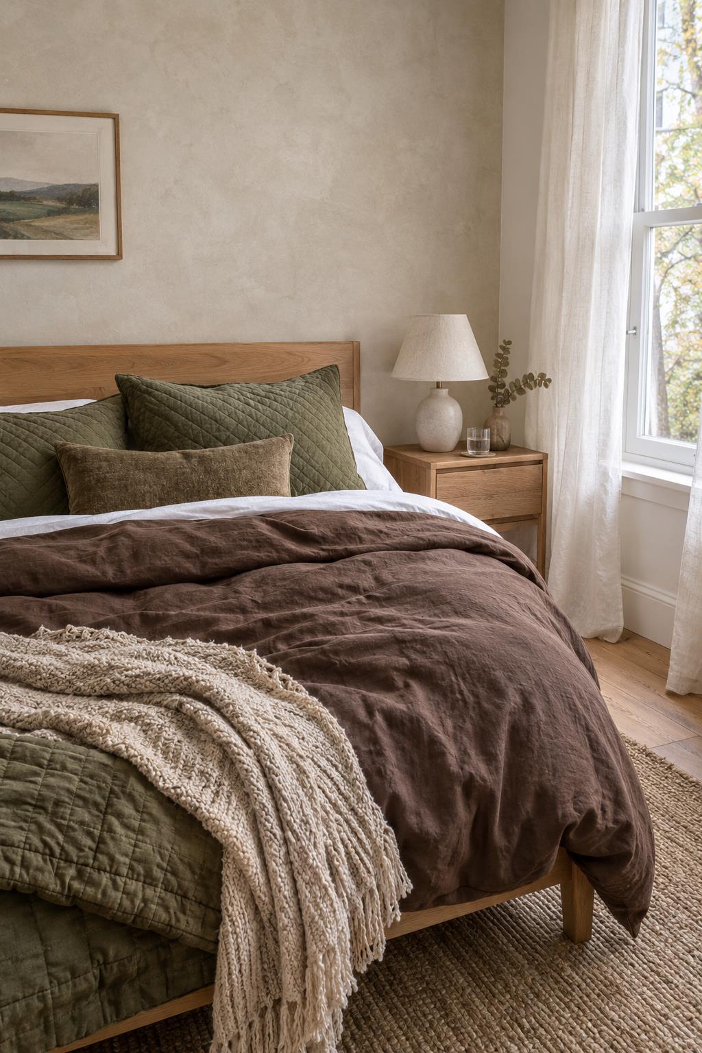 Cozy bedroom lit only by three lamps at three heights with oatmeal bedding and a bouclée armchair