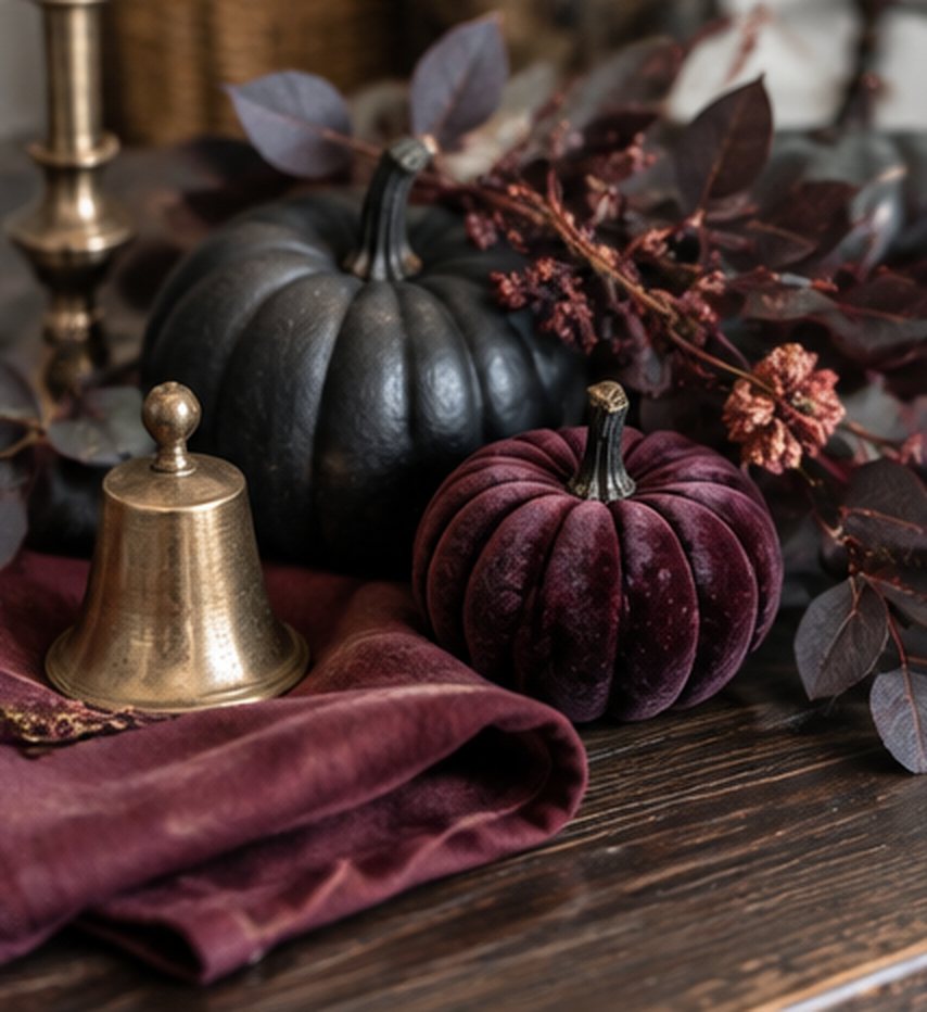Close-up of a matte black pumpkin and a burgundy velvet pumpkin with an old brass bell, dark leaves and a burgundy velvet napkin on dark wood