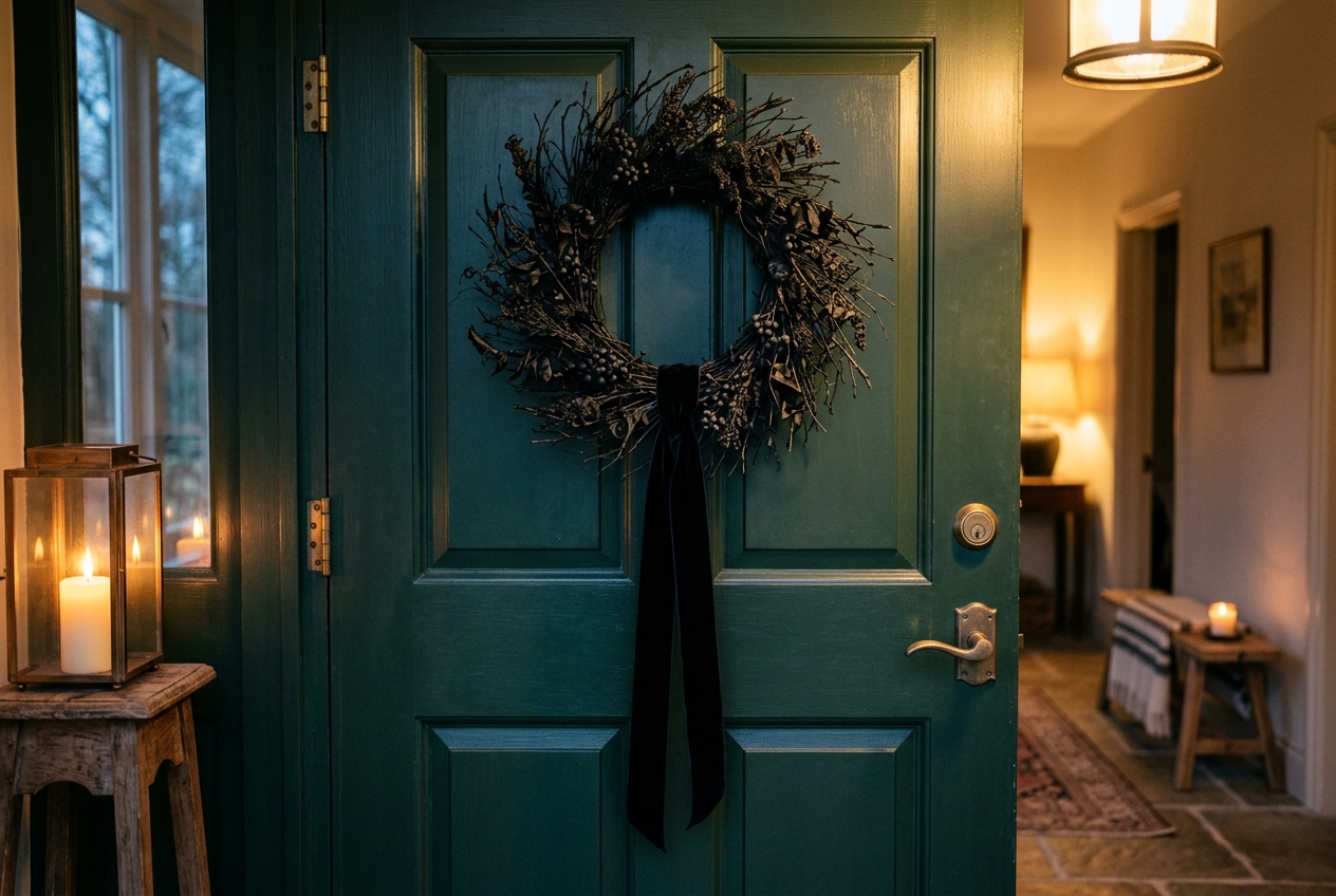 Black twig and magnolia wreath on a green front door