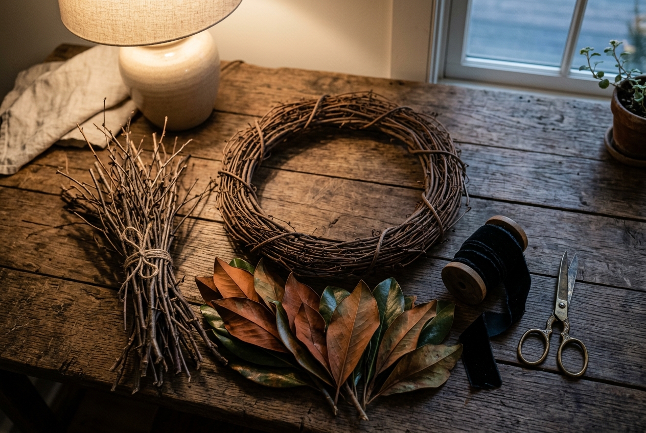 Wreath supplies: grapevine base, twigs, magnolia leaves and velvet ribbon