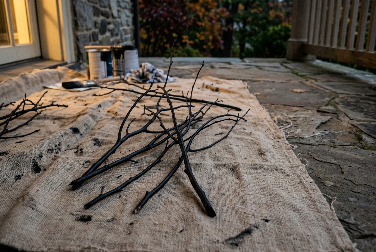 Twigs painted matte black drying on a drop cloth