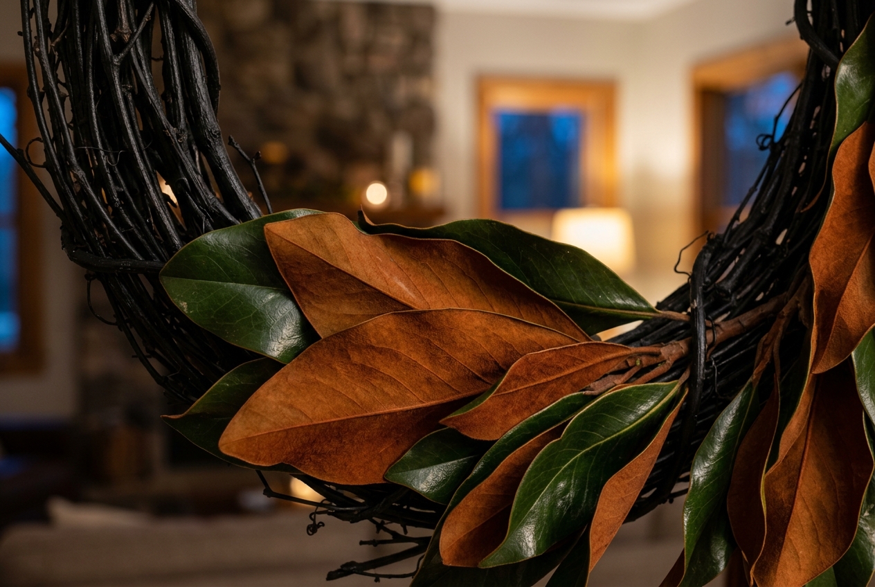 Dried magnolia leaves clustered on a black wreath