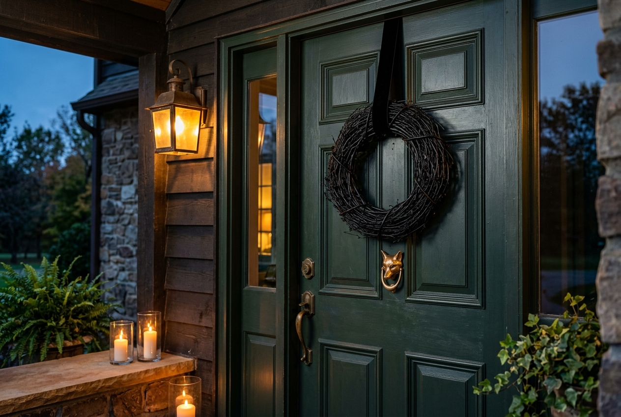 Black wreath hung high on a front door from a velvet ribbon