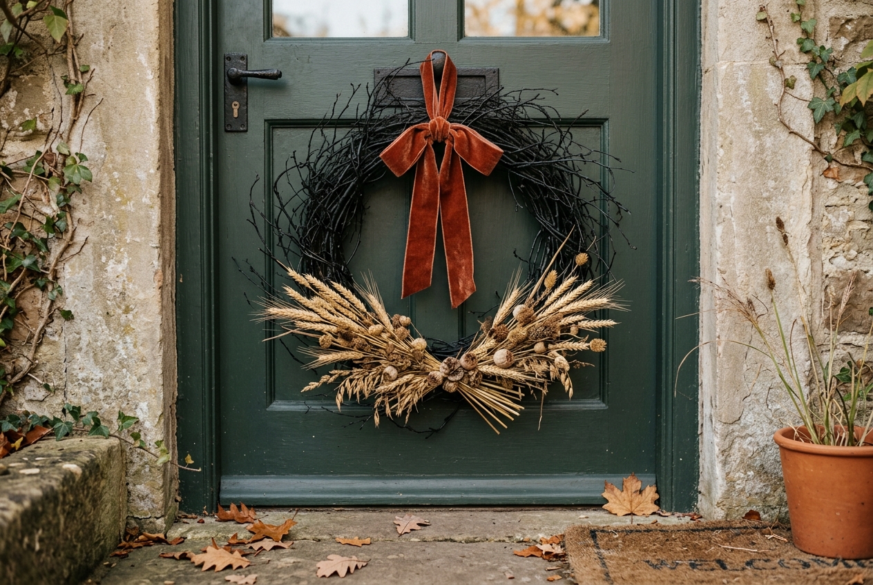Black twig wreath with rust ribbon and dried wheat for November