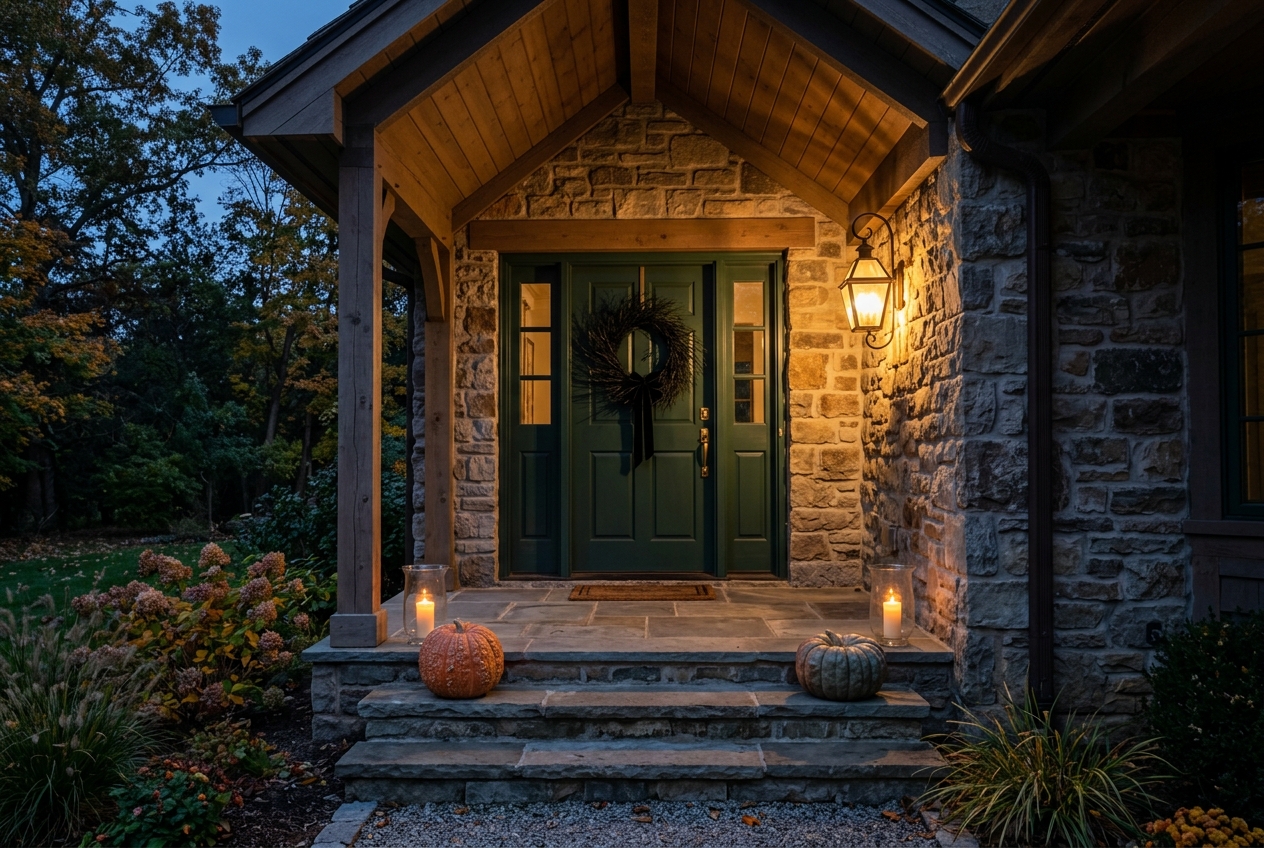 Black Halloween wreath at dusk with the porch light on