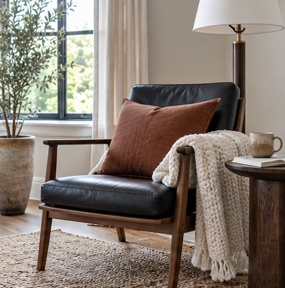Black leather armchair with a wooden frame, a rust linen cushion and a chunky cream knit throw over the arm, beside a dark wood side table with a mug, next to an olive tree and a floor lamp