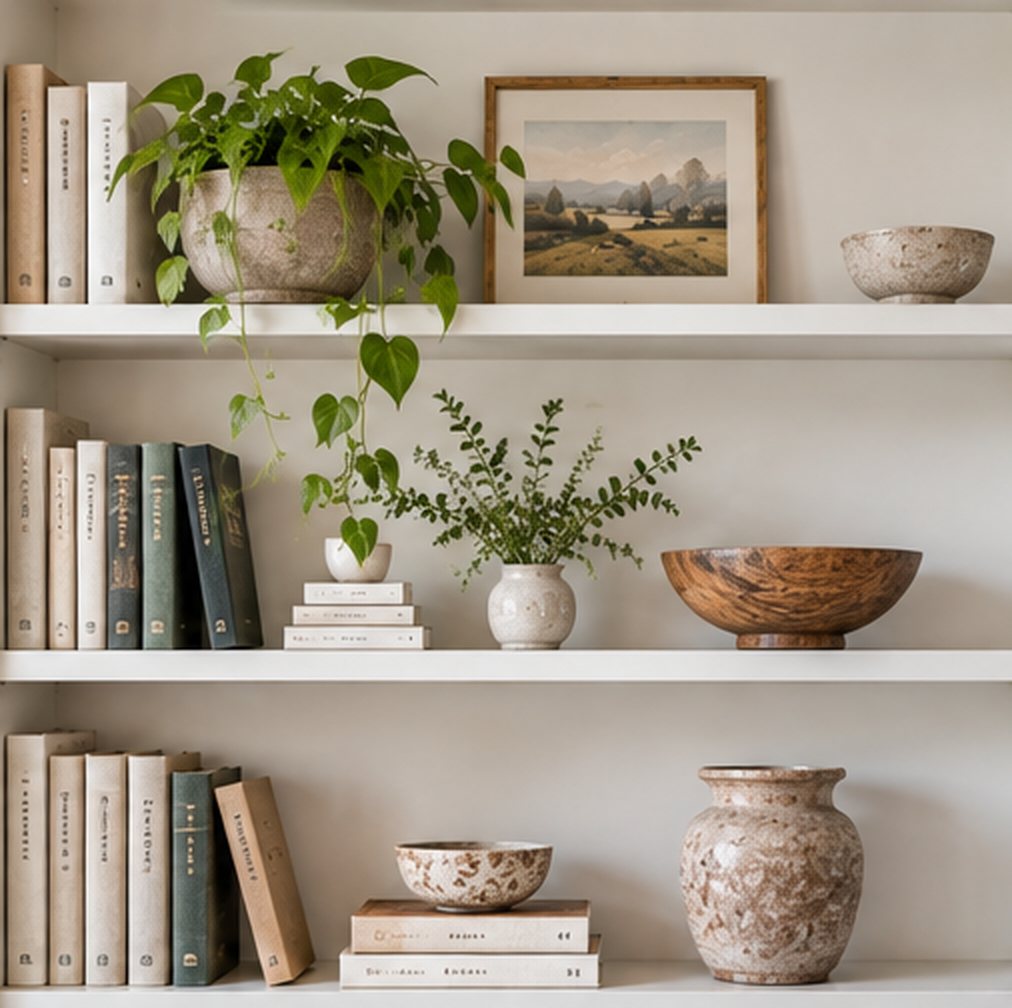 Close view of three white shelves each holding a group of books to one side, a plant, a bowl or a vase, with clear empty space on every shelf