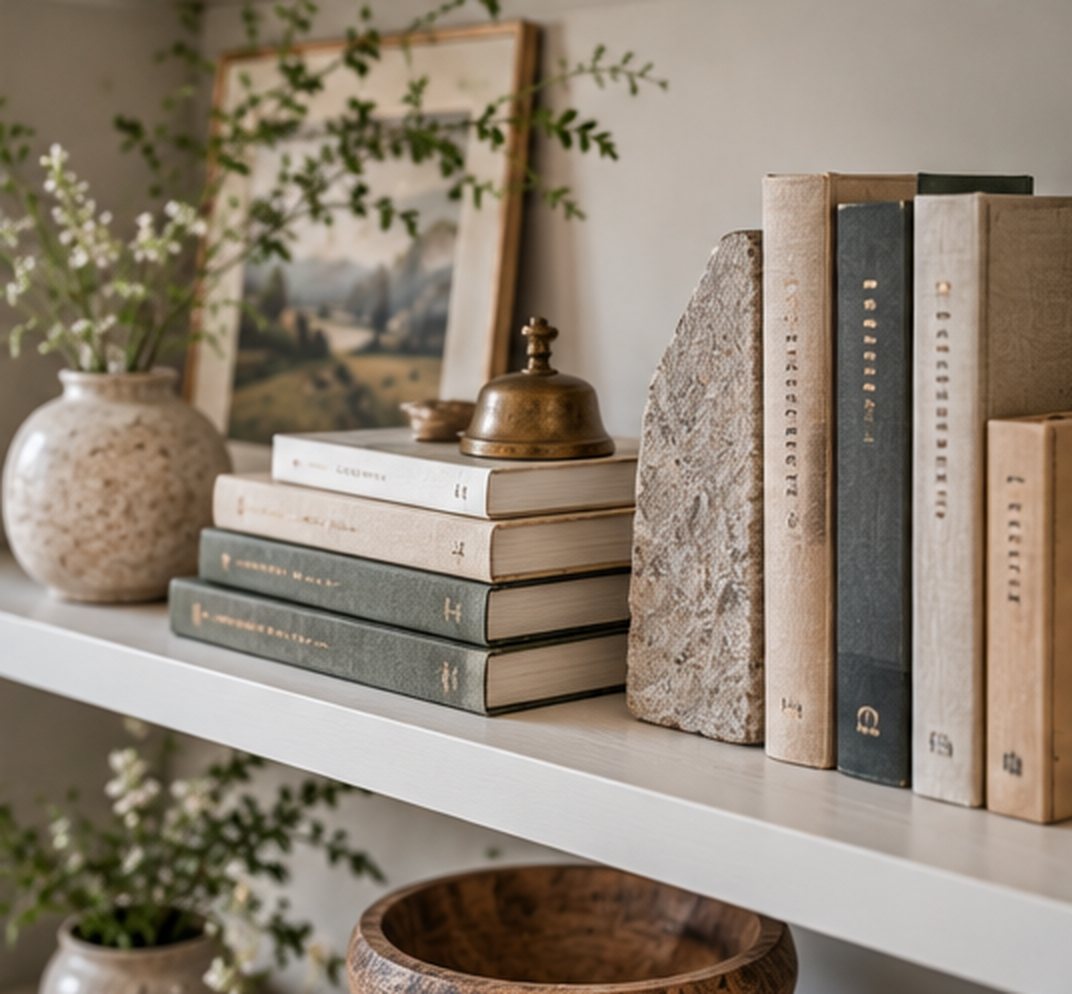 Close-up of a short stack of books lying flat with a small brass bell on top, next to upright books held by a rough stone bookend, with a round stoneware vase and a small plant
