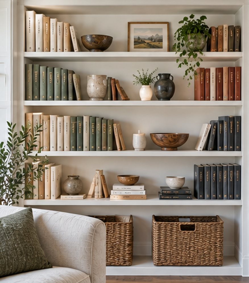 White built-in shelves with books grouped by color in blocks of cream, sage green, rust and black, with wooden bowls, stoneware and plants between them
