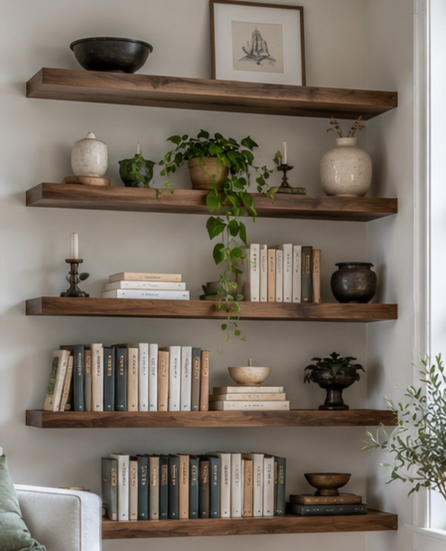 One wall of five dark wood floating shelves with rows of books on the lower two shelves, a mix of books and a trailing plant in the middle, and only a few bowls, vases and a framed print on the upper shelves
