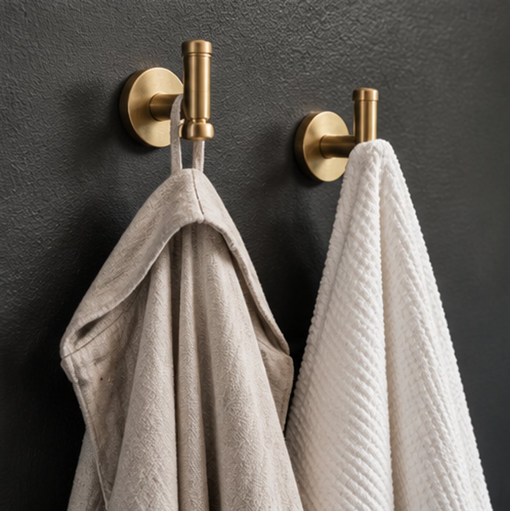 Two brushed brass hooks on a near black wall holding a linen robe and a textured white towel