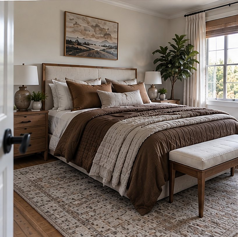 Bright bedroom with cream walls, a light wood bed, chocolate brown duvet, cream quilted coverlet and pillows in cream, mocha and caramel, with a white bench at the foot