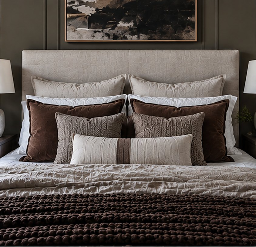 Bed with pillows layered five deep: stone euro shams, white sleeping pillows, chocolate brown velvet shams, two textured mocha pillows and a cream lumbar with a brown stripe