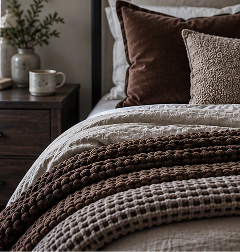 Close-up of a chocolate brown chunky knit blanket over a mocha waffle coverlet and stone duvet, with a brown velvet pillow and a textured oatmeal pillow behind