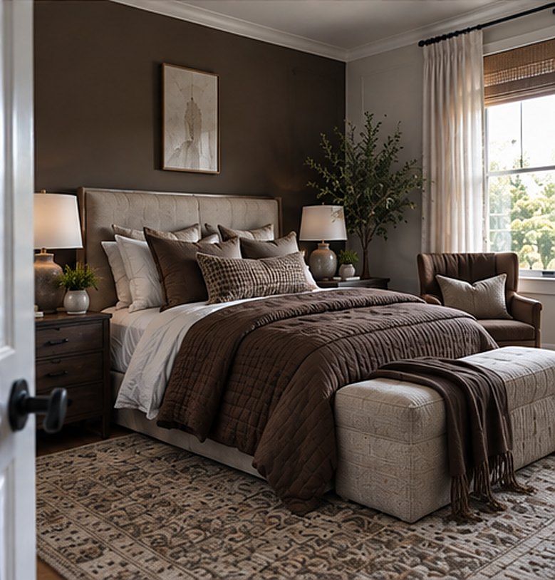 Bedroom with dark brown walls, a stone upholstered bed, chocolate brown quilted coverlet, plaid pillow, a leather armchair in the corner and a cream bench with a brown throw