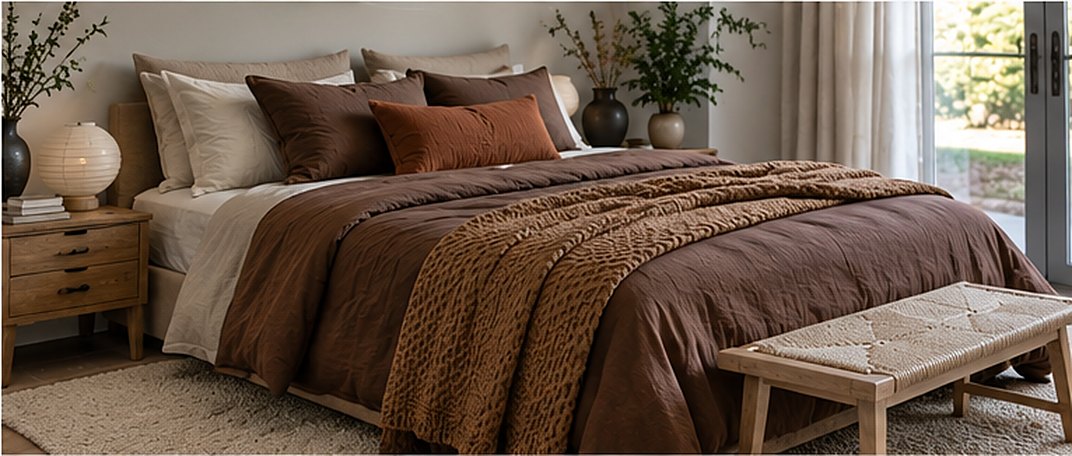 Bed with a chocolate brown linen duvet, oatmeal sheets, a caramel knit throw and pillows in cream, mocha brown and rust, with a woven bench at the foot