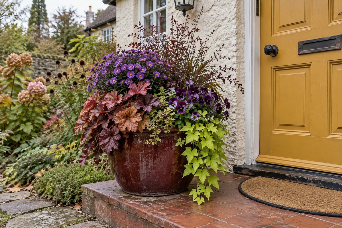 Glazed oxblood pot with purple asters, heuchera, pansies and lime trailing foliage beside a mustard cottage door