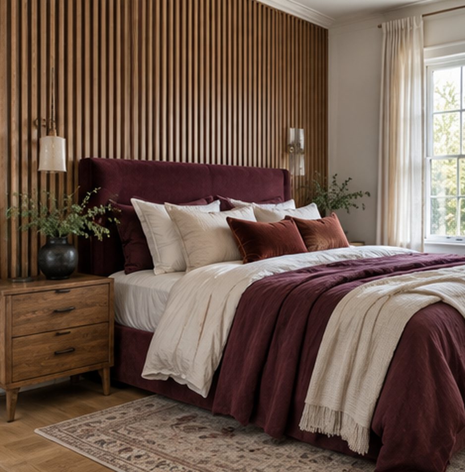 Bedroom with a wall of vertical oak slats behind a burgundy velvet bed with white and burgundy bedding, a cream knit throw and an oak nightstand beside a bright window