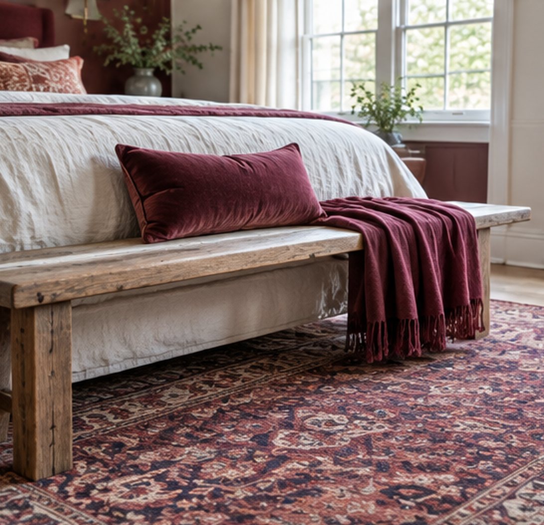Low view of a rustic wood bench at the foot of a bed with a burgundy velvet pillow and burgundy throw, on a patterned rug in burgundy, rust and navy