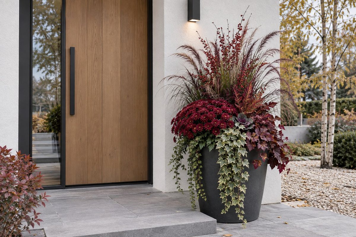 Round charcoal planter with red berry stems, burgundy mums, heuchera and trailing ivy by a modern oak front door
