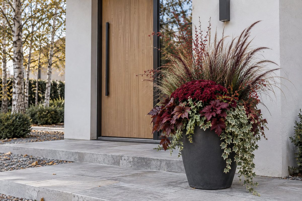 Burgundy fall planter in a round charcoal pot with tall fountain grass beside a pale oak front door