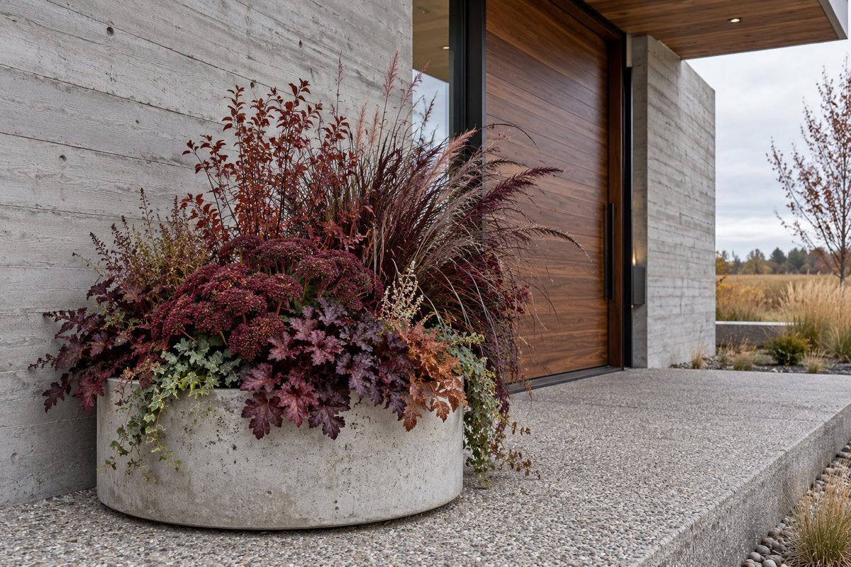 Low concrete drum planter with burgundy sedum, heuchera and grasses against a board-formed concrete wall