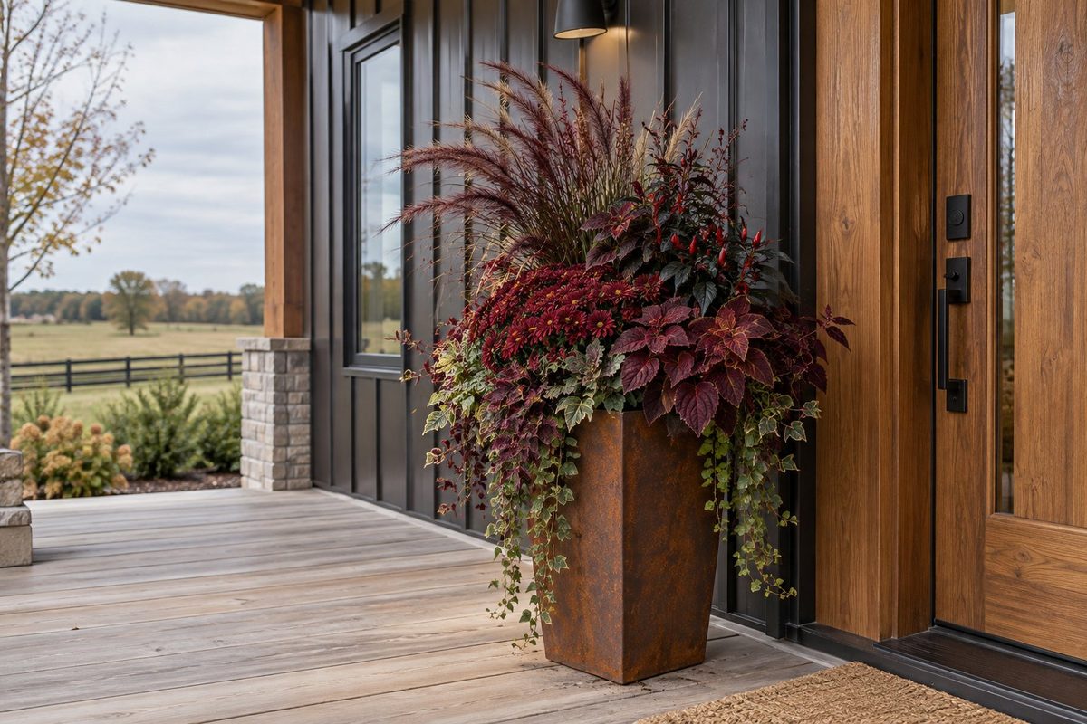 Tall corten steel planter with burgundy grass, mums and coleus-like foliage on a porch with black siding and wood door