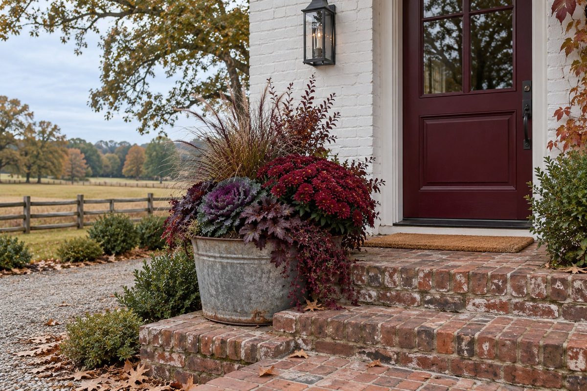 Galvanised tub planter with burgundy mums and purple ornamental cabbage on brick steps by a burgundy front door