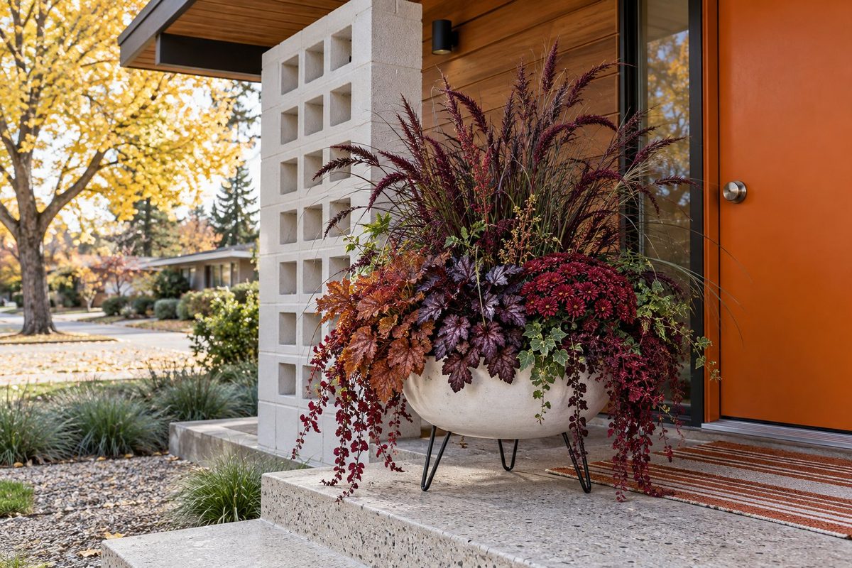 Mid-century white bowl planter on hairpin legs with burgundy grass, orange heuchera and burgundy mums by an orange door