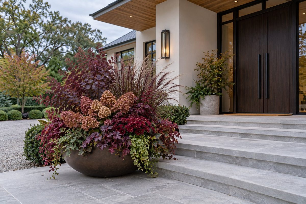 Wide bronze bowl planter with dusty pink hydrangea, burgundy mums and heuchera beside stone steps and dark double doors