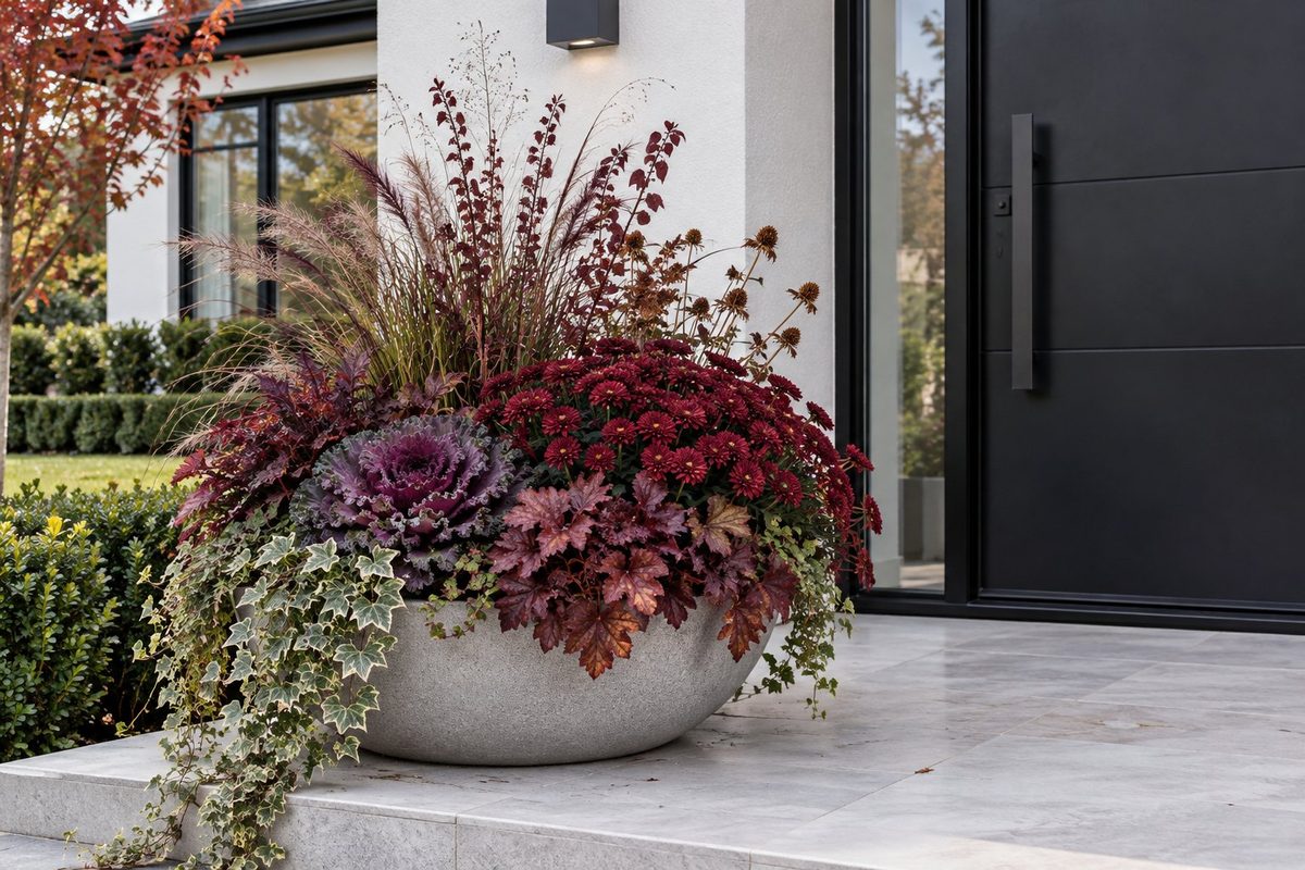 Wide stone bowl planter with burgundy mums, purple ornamental cabbage and variegated ivy by a black front door