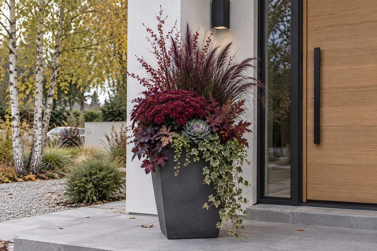 Tall square charcoal planter with burgundy mums, small ornamental cabbage and berry stems beside a tall oak front door