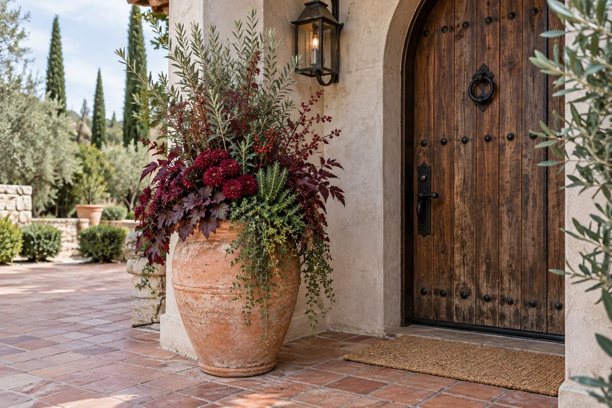 Terracotta jar planter with burgundy mums, heuchera, olive stems and rosemary beside an arched Mediterranean wooden door