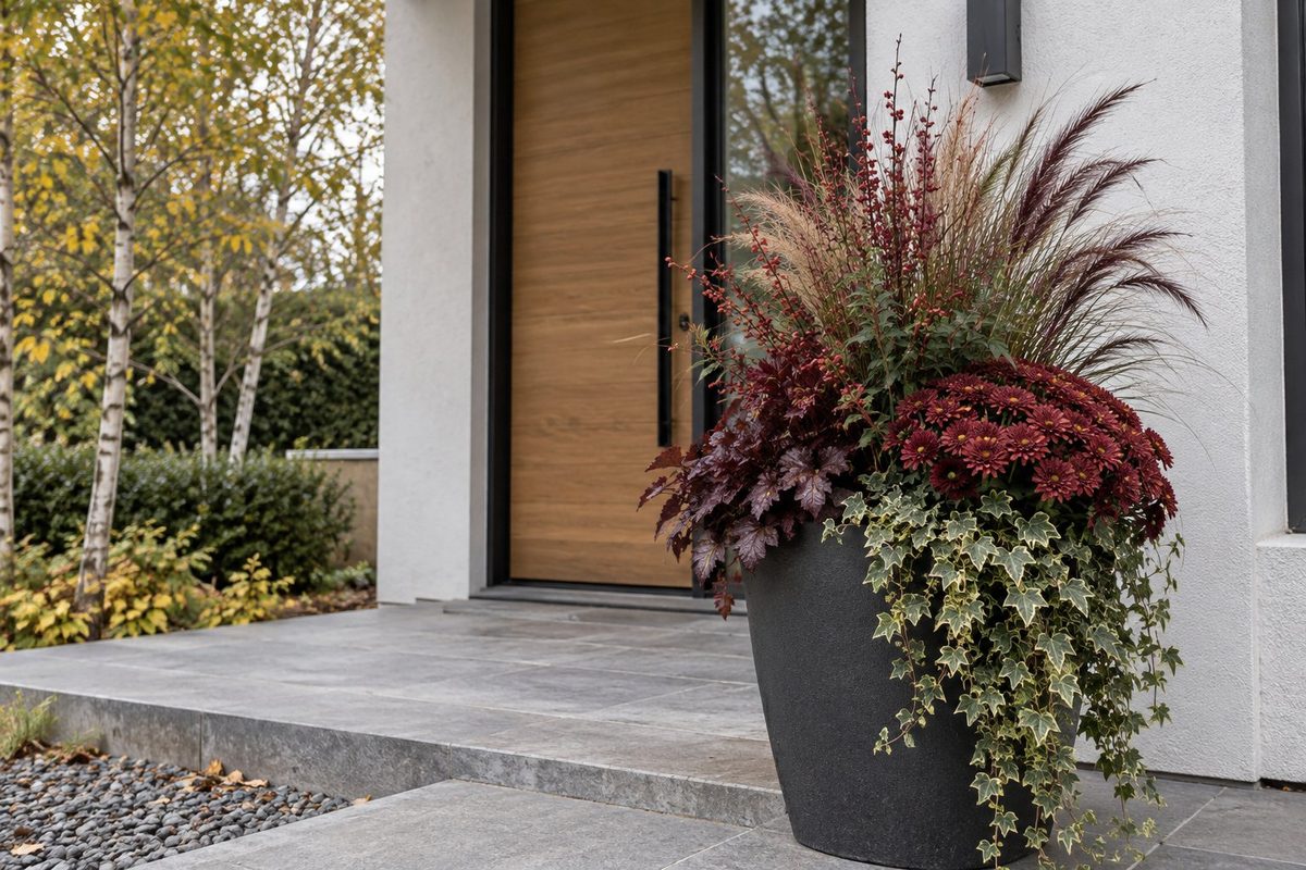 Tall charcoal planter with burgundy mums and heuchera and variegated ivy spilling to one side on a front step