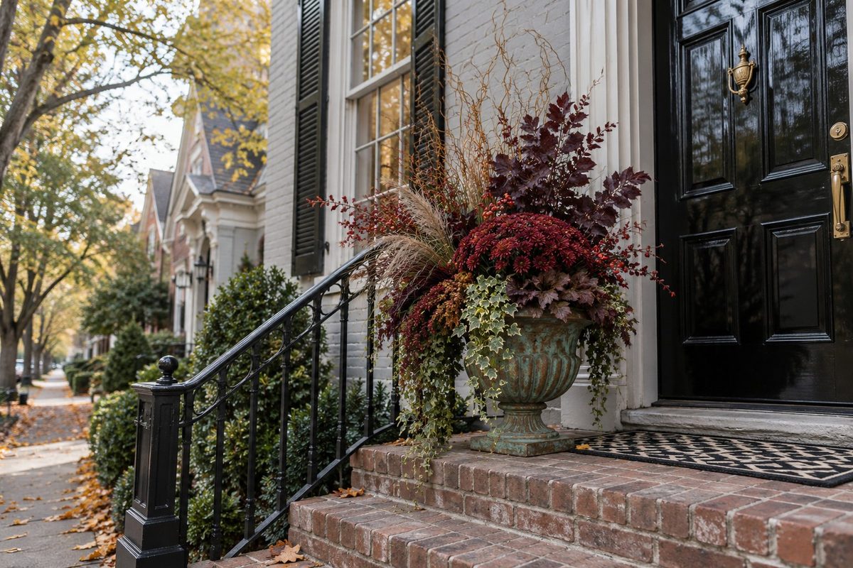 Aged verdigris urn with burgundy mums, burgundy foliage and ivy on a brick stoop beside a black lacquered door