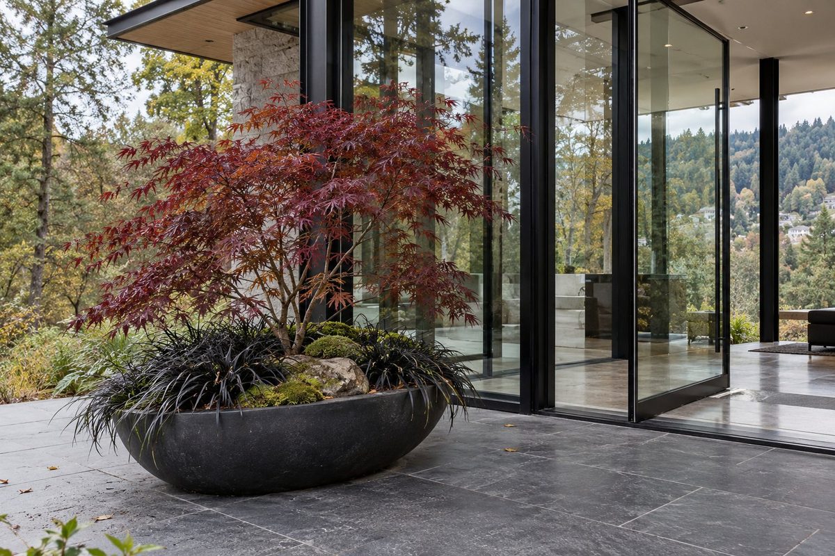 Japanese maple with burgundy leaves in a shallow black stone bowl with black grass and moss by a glass door