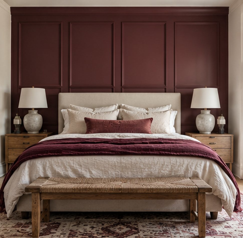 Bedroom with one deep burgundy wall of box panelling behind a cream upholstered bed, white bedding with a burgundy throw and pillow, two ceramic lamps on oak nightstands and a rush bench at the foot of the bed