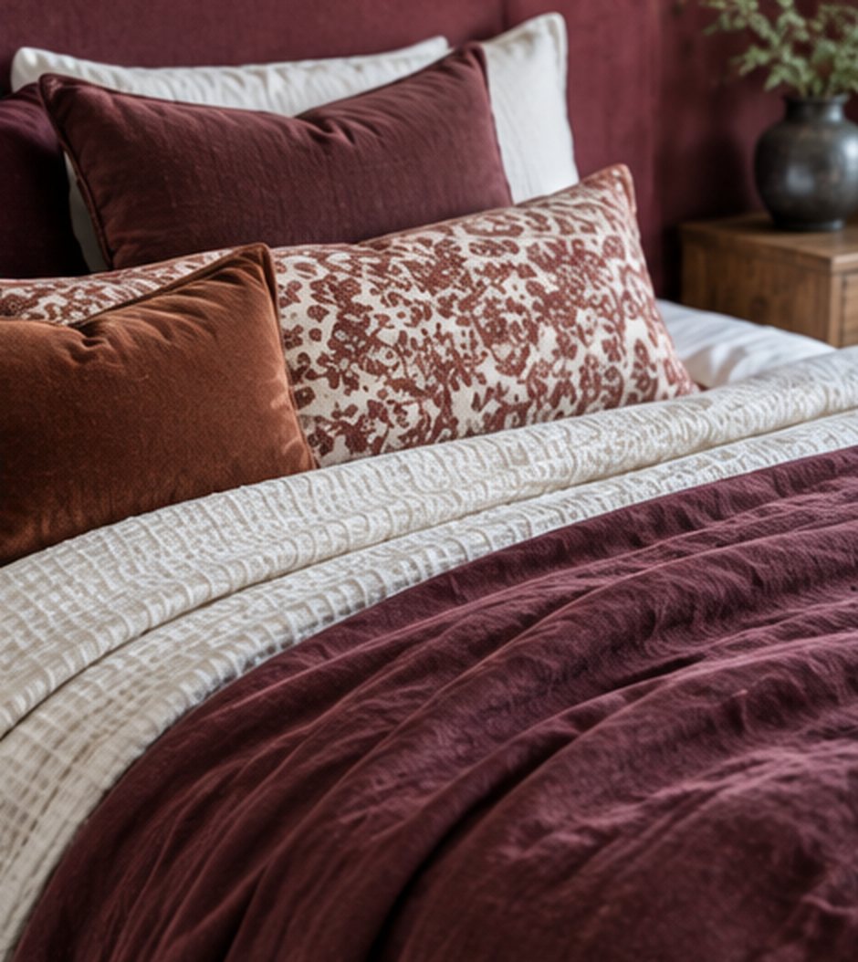 Close-up of a bed with burgundy velvet bedding, a textured cream blanket, a burgundy velvet pillow, a rust velvet pillow and a burgundy and cream patterned pillow