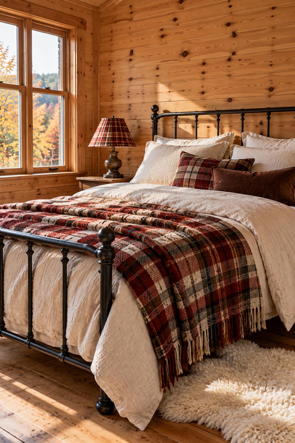 Cabin bedroom with honey knotty pine paneled walls, a black iron bed with cream sheets and a red and brown plaid wool blanket, and a window of fall trees