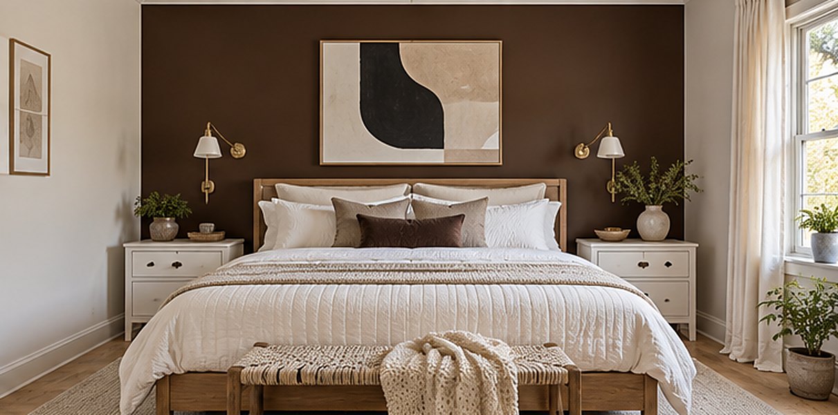 Transitional bedroom with one chocolate brown accent wall behind the bed, warm white side walls, an oak bed with white quilted bedding and mocha pillows, white nightstands, brass swing-arm wall lamps and a black and cream abstract print