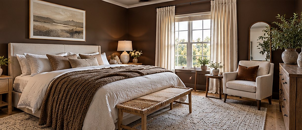 Bedroom with chocolate brown walls, a cream upholstered bed with a brown chunky knit throw, a woven bench, a cream armchair with a rust velvet pillow by a window with sheer curtains, a lamp glowing on the nightstand and a landscape painting