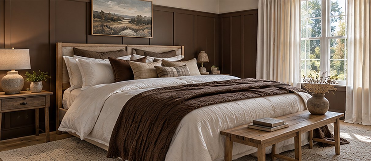 Bedroom with full-height chocolate brown paneling, a wood bed with white bedding and brown and plaid pillows, a chocolate brown chunky knit throw, a rustic wood bench with books, cream curtains and a large window