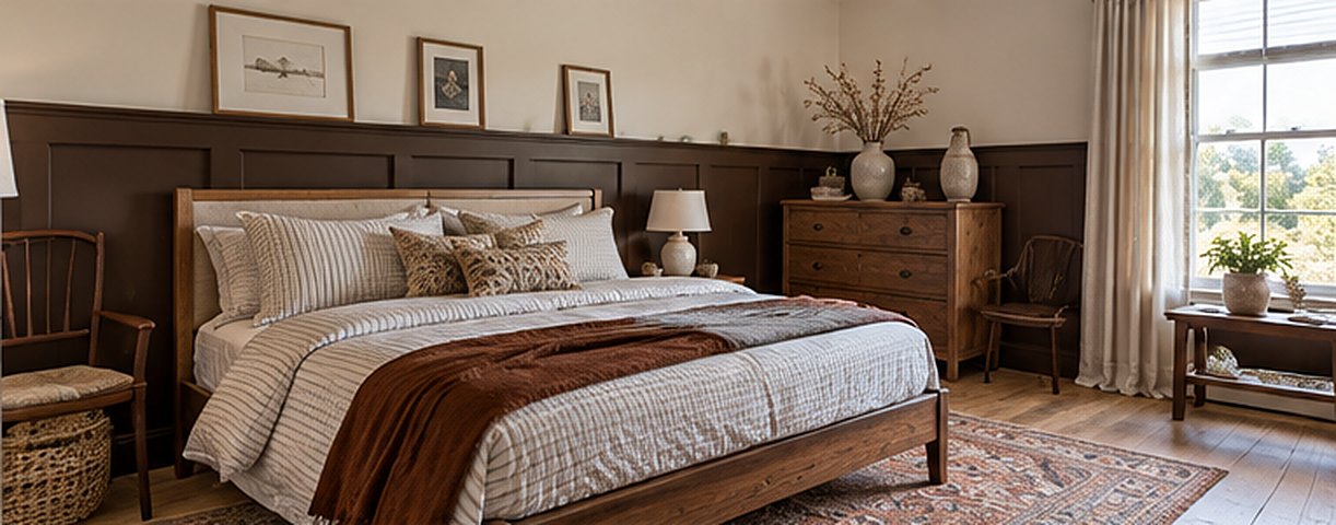 English country bedroom with chocolate brown wood paneling on the lower half of the walls, cream walls above with small framed prints on the ledge, a wood bed with striped bedding and a rust throw, a wooden dresser and a patterned rug