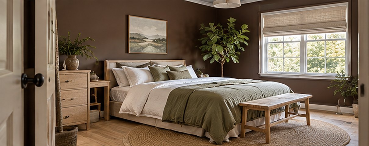 Bedroom with chocolate brown walls, a pale oak bed with white and olive green linen bedding, an oak bench, a round jute rug, a fiddle leaf fig and a woven shade on a large window