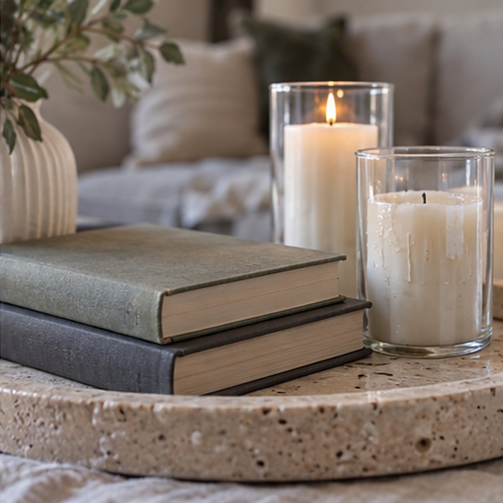 Close view of two stacked hardback books beside tall candles in glass hurricanes on a travertine tray