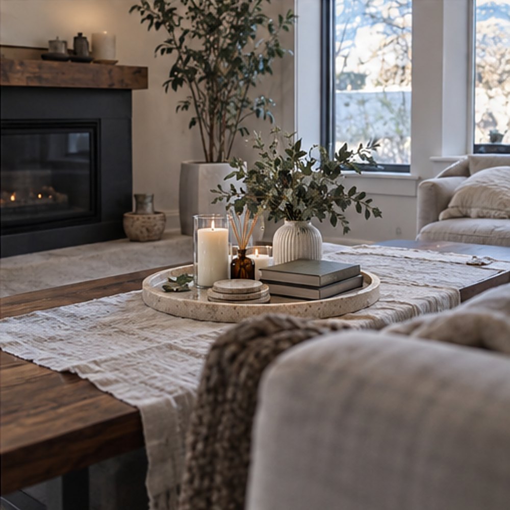 Living room with a round travertine tray on a linen runner across a dark wood coffee table, a fireplace and window behind