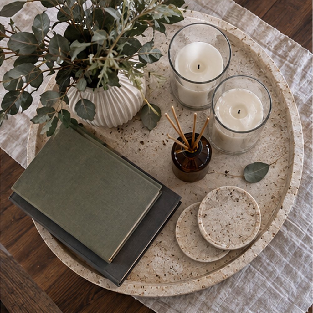 Top-down view of a round travertine tray with a ribbed vase of eucalyptus, two stacked books, two candles in glass hurricanes, an amber reed diffuser and stone coasters
