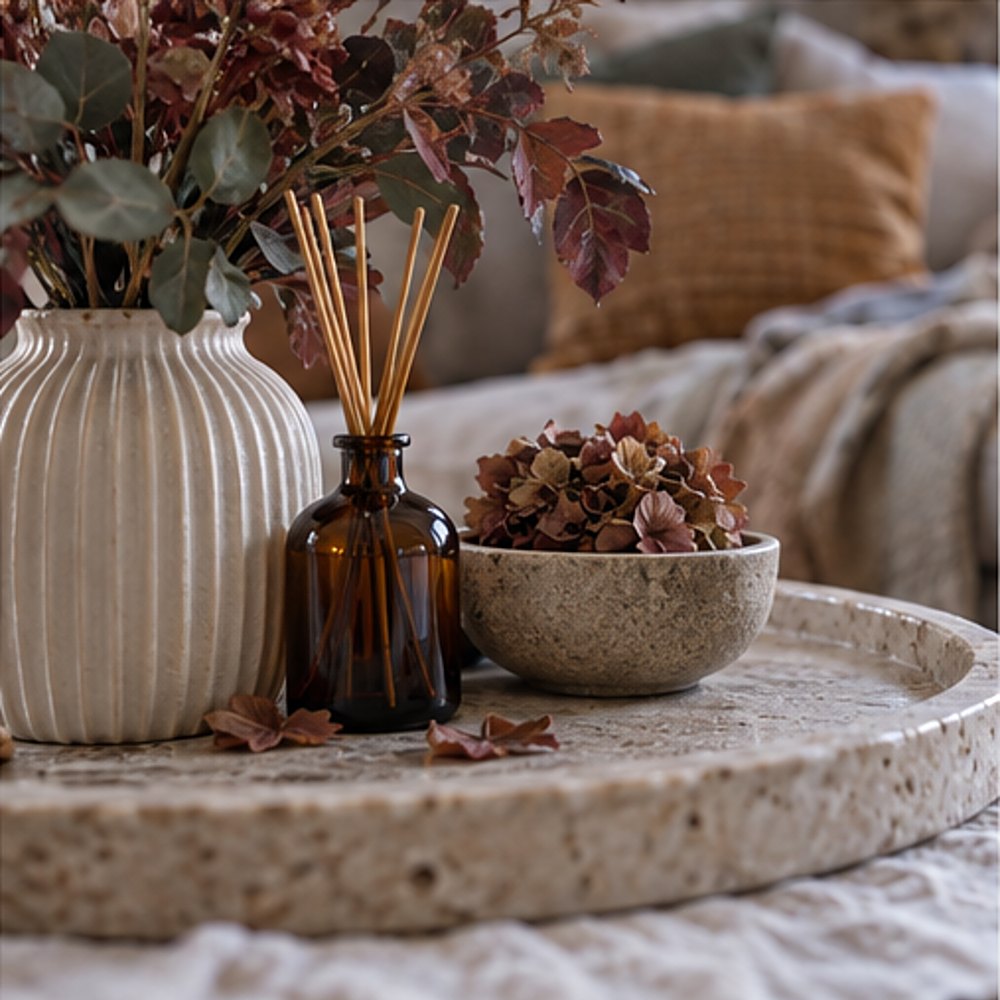 Close view of a ribbed vase of autumn leaves, an amber reed diffuser and a stone bowl of dried hydrangea on a travertine tray